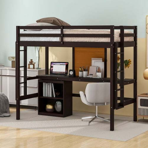 Wooden Twin Size Loft Bed With Desk, Writing Board and Cabinet