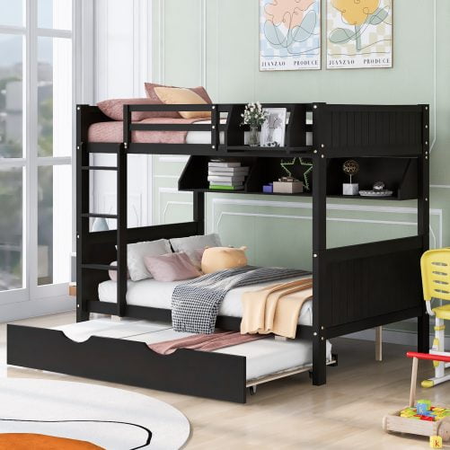 Full Over Full Bunk Bed With Twin Size Trundle and Bookshelf