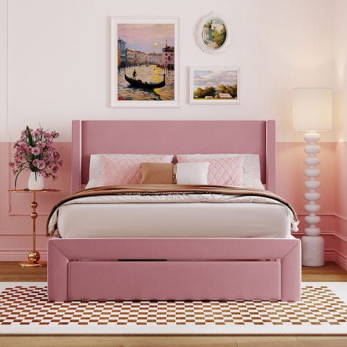 Velvet Upholstered Full Size Storage Bed With A Big Drawer
