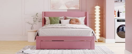 Velvet Upholstered Queen Size Storage Bed With A Big Drawer