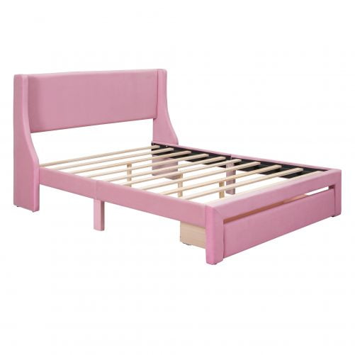 Velvet Upholstered Queen Size Storage Bed With A Big Drawer