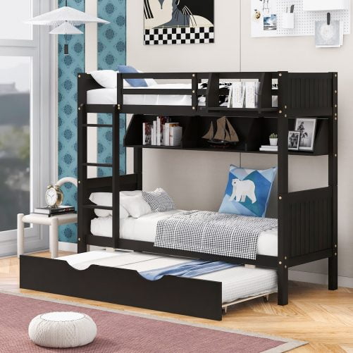 Twin Over Twin Bunk Bed With Twin Size Trundle and Bookshelf