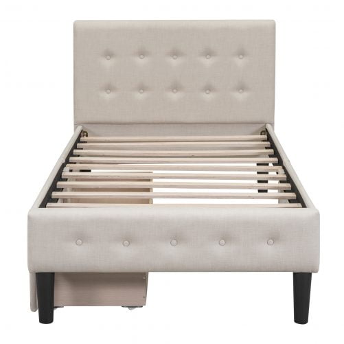 Upholstered Twin Size Platform Bed With 2 Drawers