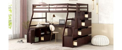 Twin Size Loft Bed With 7 Drawers, 2 Shelves And Desk