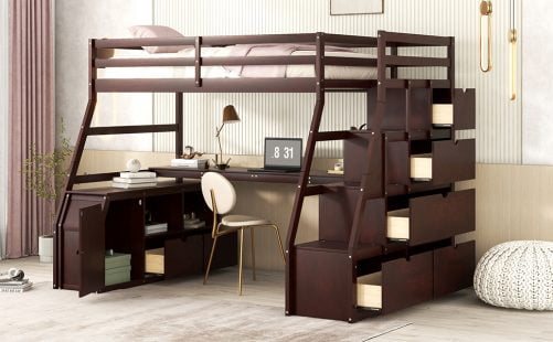 Twin Size Loft Bed With 7 Drawers, 2 Shelves And Desk