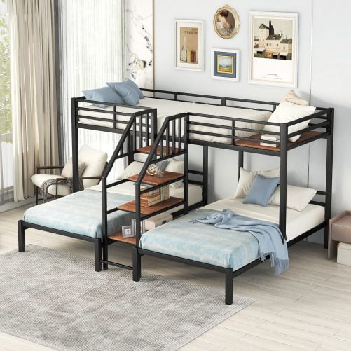 Metal Twin Over Twin & Twin Bunk Bed With Staircase