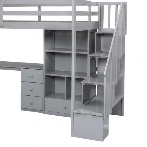 Twin Size Loft Bed With L-Shaped Desk And Drawers, Cabinet And Storage Staircase