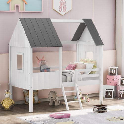 House Shape Twin Size Low Loft Bed With Two Side Windows