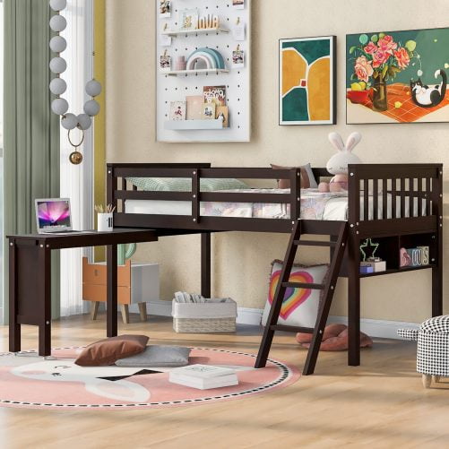 Twin Size Loft Bed With Removable Desk and Cabinet