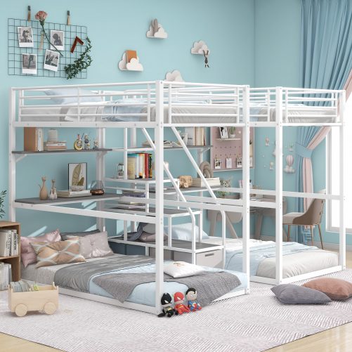 Double Twin over Twin Metal Bunk Bed with Desk, Shelves and Storage Staircase
