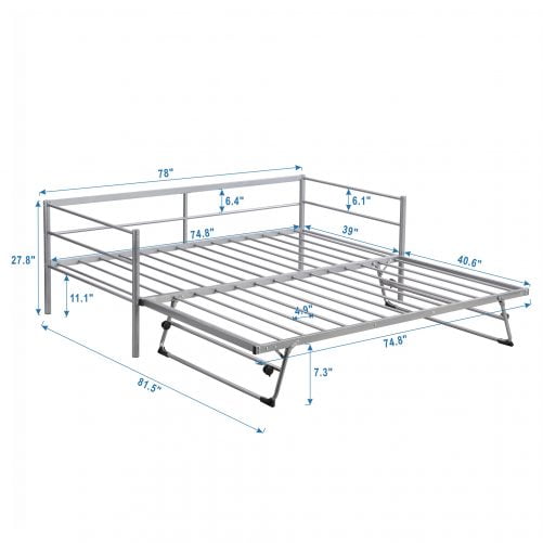 Metal Twin Size Daybed With Adjustable Trundle, Pop Up Trundle