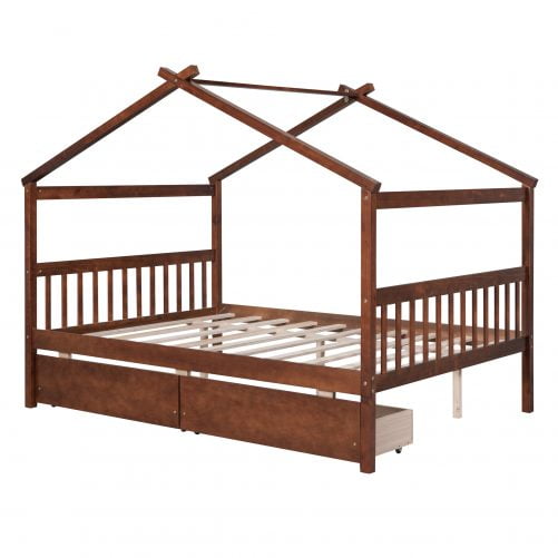 Wooden Full Size House Bed With Drawers