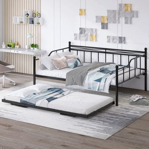 Metal Full Size Daybed With Twin Size Portable Trundle