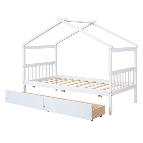 Wooden Twin Size House Bed With Drawers