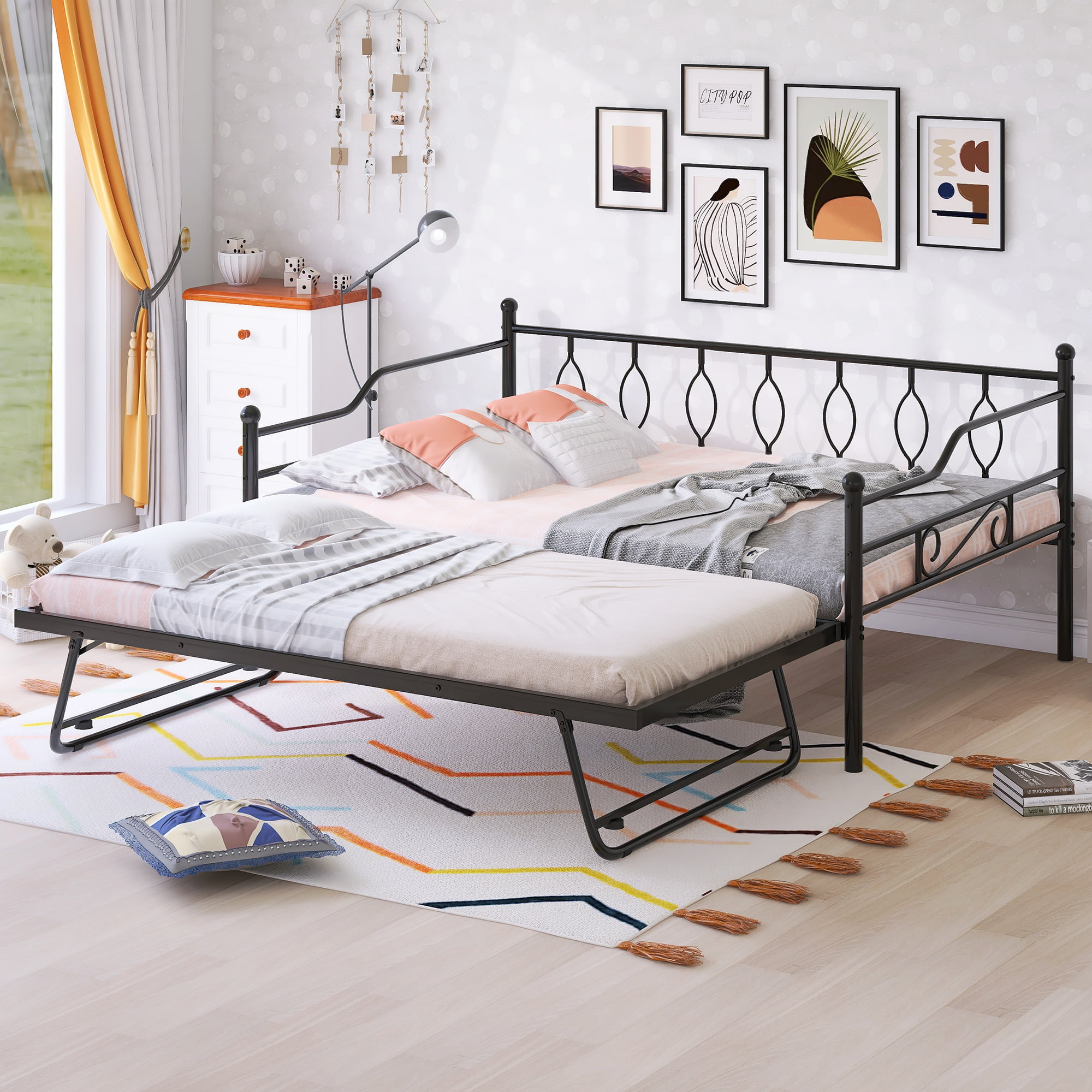Metal Full Size Daybed With Twin Size Folding Trundle