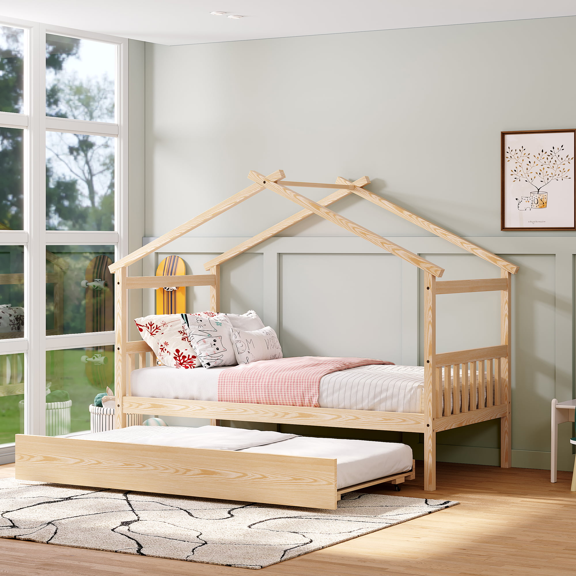 Twin Size Wood House Bed With Twin Size Trundle