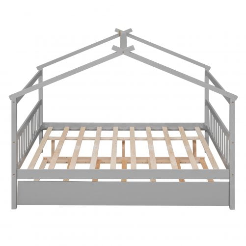 Full Size Wood House Bed With Twin Size Trundle