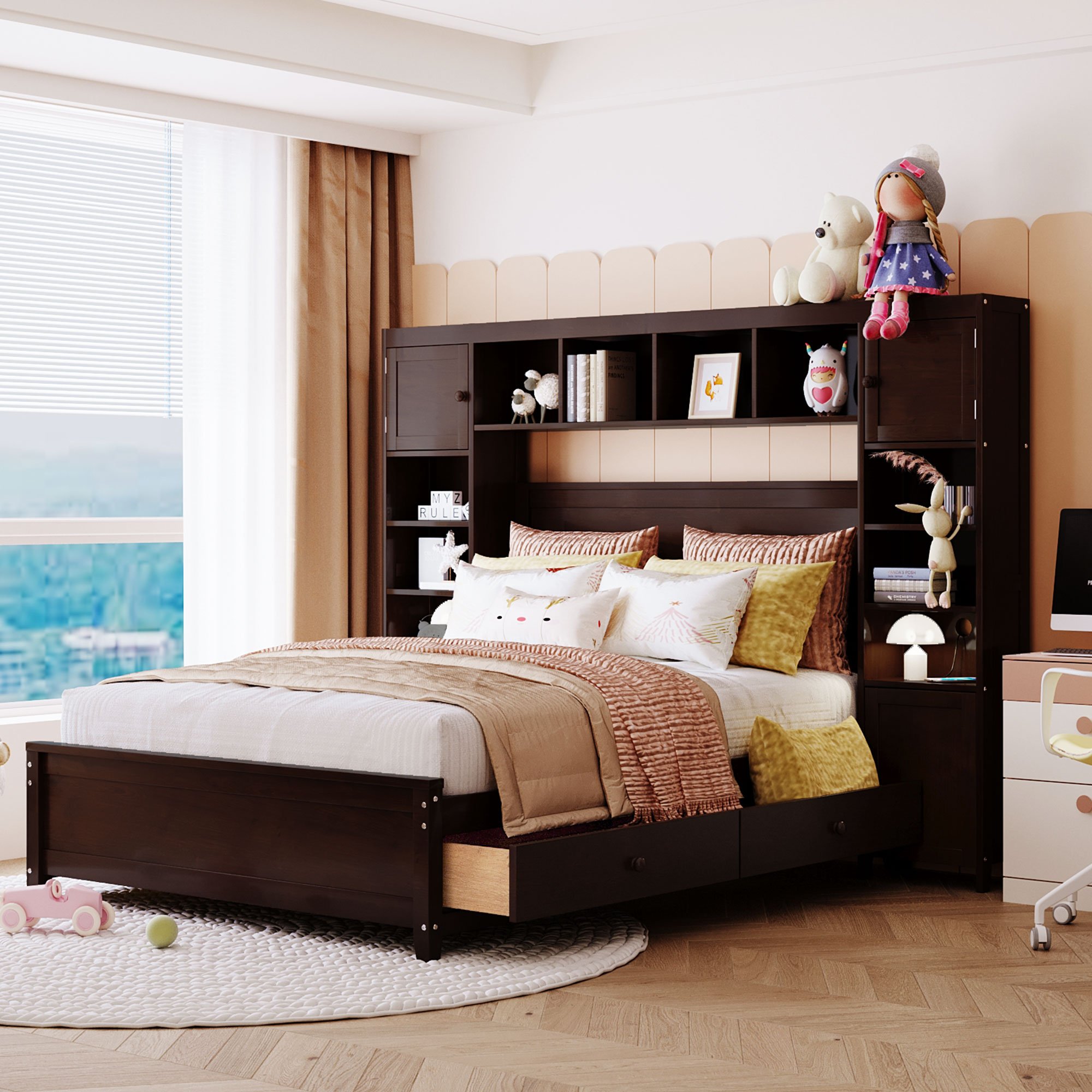Full Size Wooden Bed With All-in-one Cabinet And Shelf