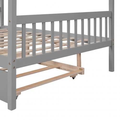 Full Size Wood House Bed With Twin Size Trundle