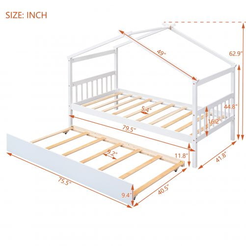 Twin Size Wood House Bed With Twin Size Trundle