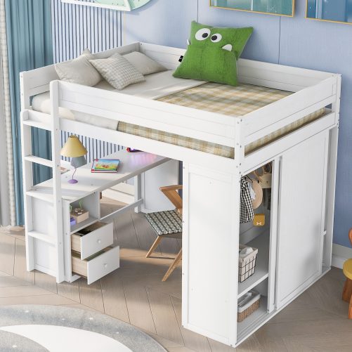 Wood Full Size Loft Bed With Wardrobes And 2-drawer Desk With Cabinet