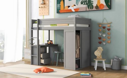 Wood Twin Size Loft Bed With Wardrobes And 2-drawer Desk With Cabinet