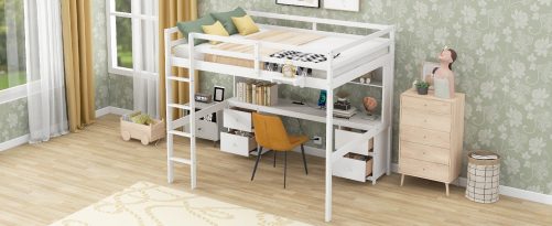 Full Size Loft Bed With Desk, Cabinets, Drawers And Bedside Tray, Charging Station