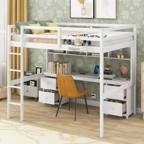 Full Size Loft Bed With Desk, Cabinets, Drawers And Bedside Tray, Charging Station