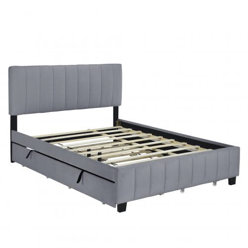 Queen Size Velvet Upholstered Platform Bed With 2 Drawers And 1 Twin Xl Trundle