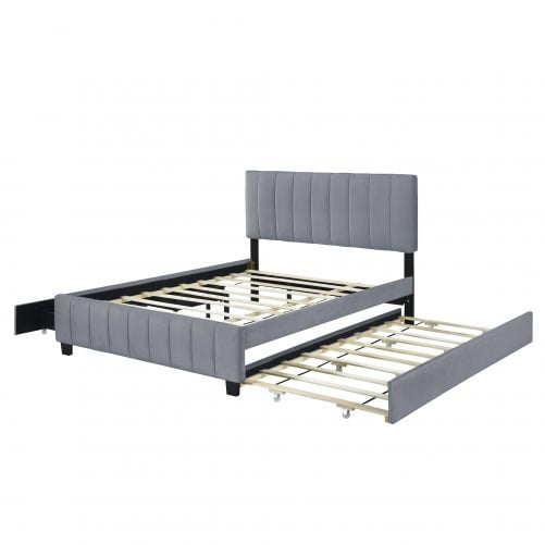 Queen Size Velvet Upholstered Platform Bed With 2 Drawers And 1 Twin Xl Trundle