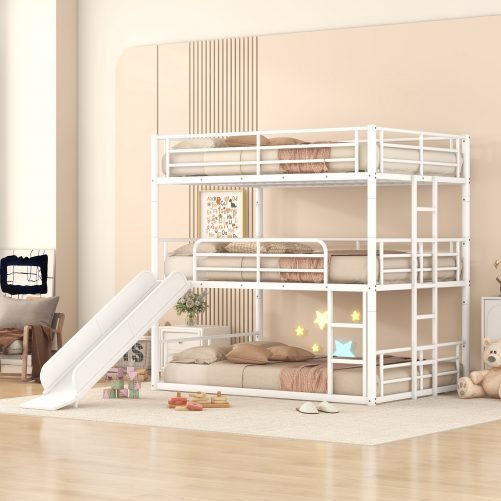 Full Size Metal Bunk Bed With Ladders And Slide, Divided Into One Platform And Loft Bed