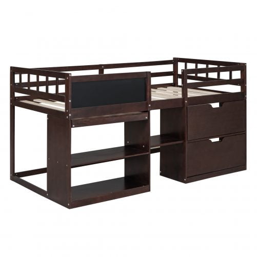 Twin Size Low Loft Bed With Rolling Desk, Shelf And Drawers