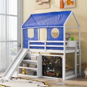 Twin Over Twin House Bunk Bed With Blue Tent, Slide, Shelves And Blackboard