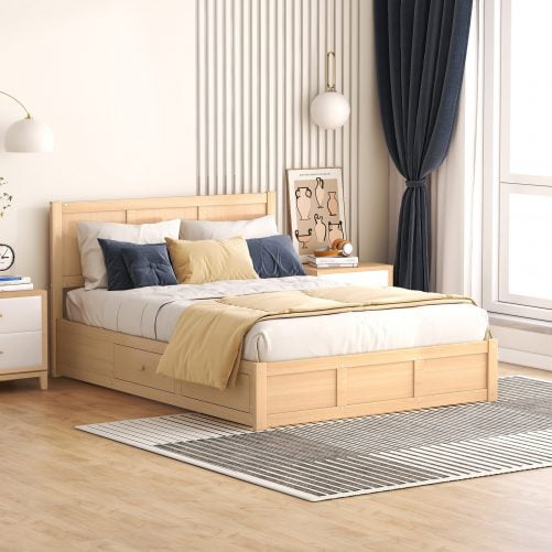 Wood Full Size Platform Bed With Underneath Storage And 2 Drawers