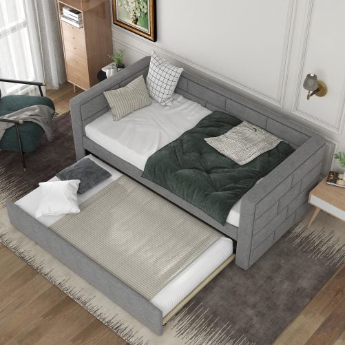 Upholstered Twin Size Daybed With Trundle and Padded Back
