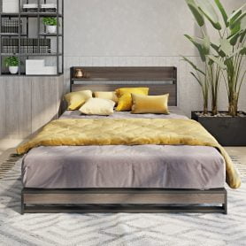 Queen Size Platform Bed With Socket, Fast Assemble Design