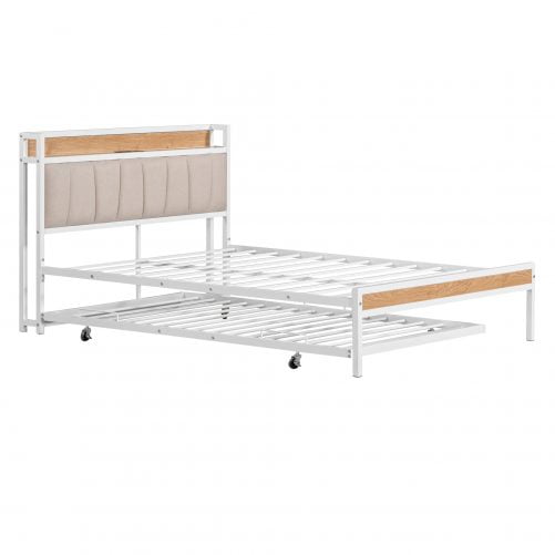 Full Size Metal Platform Bed Frame With Twin Size Trundle, Upholstered Headboard Sockets, USB Ports And Slat Support