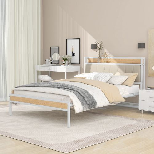 Full Size Metal Platform Bed With Upholstered Headboard Sockets, USB Ports And Slat Support