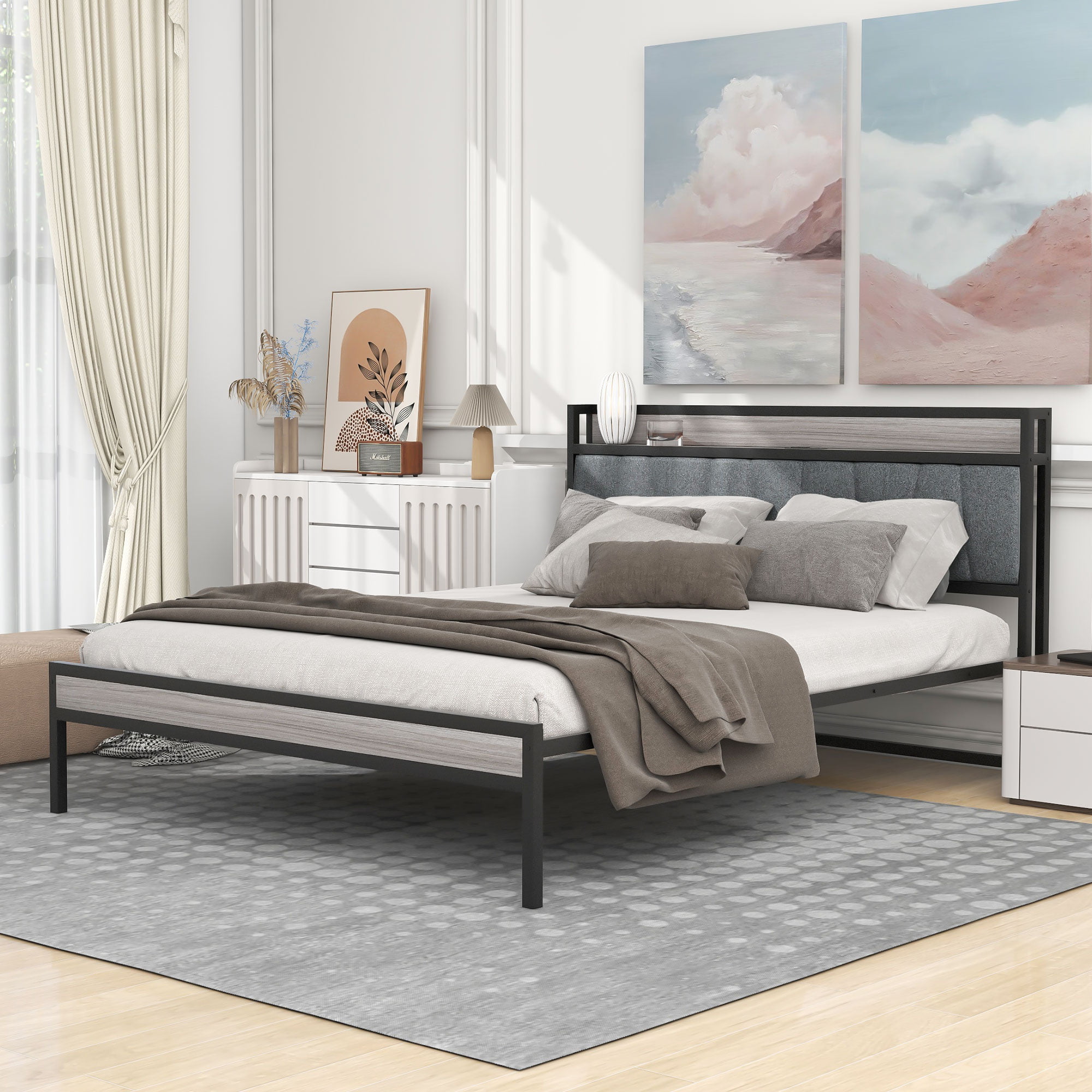 Queen Size Metal Platform Bed Frame With Upholstered Headboard Sockets, USB Ports And Slat Support