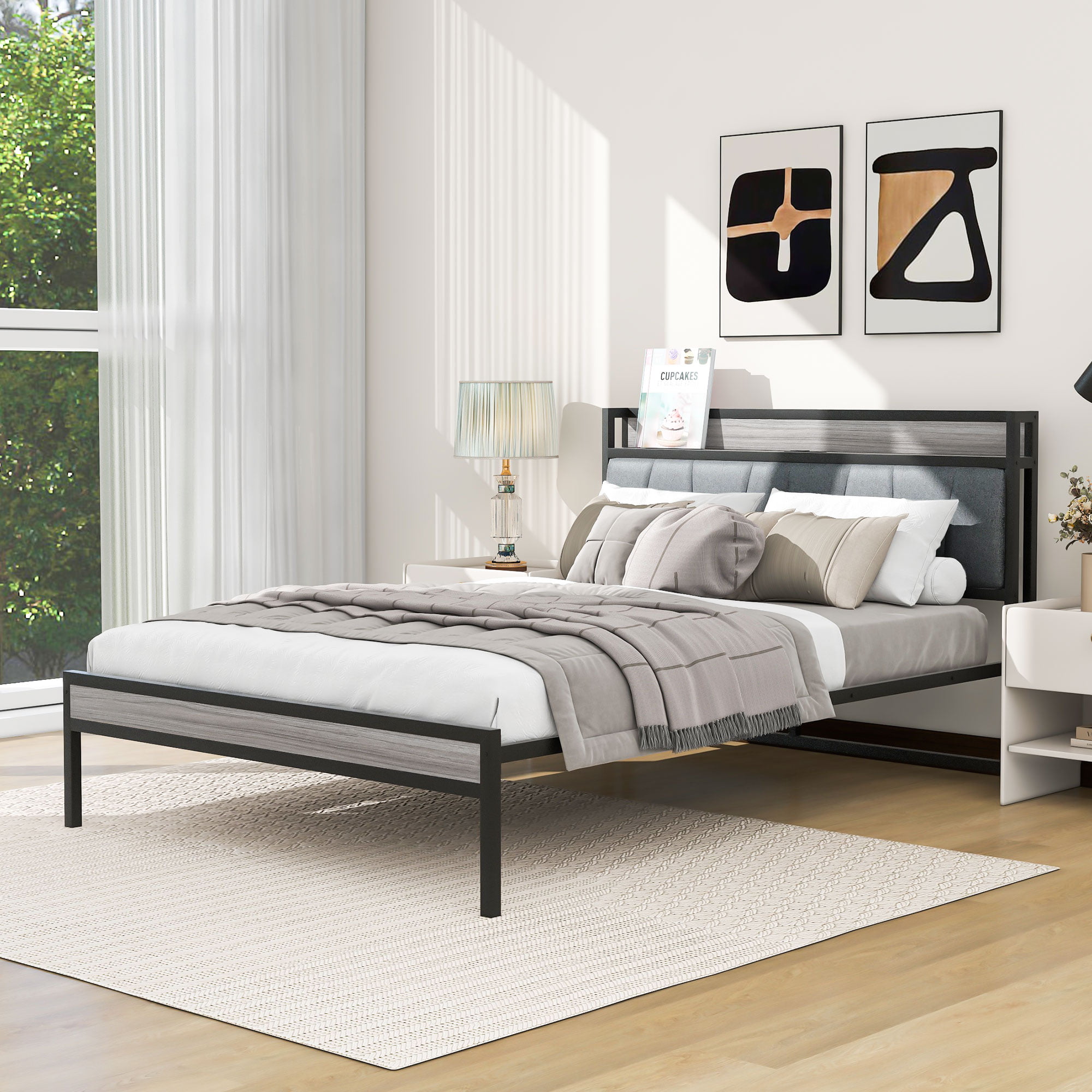 Full Size Metal Platform Bed With Upholstered Headboard Sockets, USB Ports And Slat Support