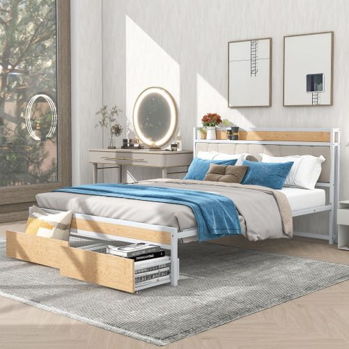 Queen Size Metal Platform Bed Frame With 2 Drawers, Upholstered Headboard Sockets, USB Ports And Slat Support