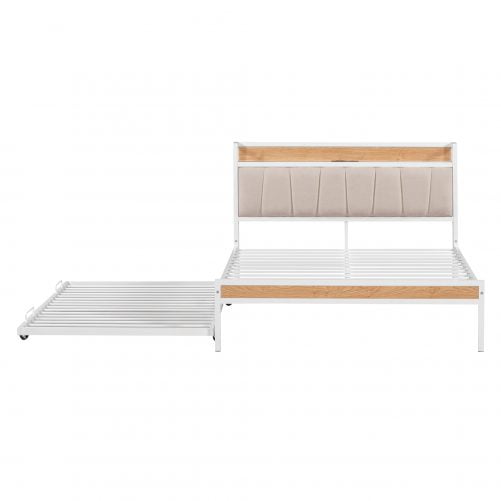 Full Size Metal Platform Bed Frame With Twin Size Trundle, Upholstered Headboard Sockets, USB Ports And Slat Support