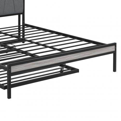Queen Size Metal Platform Bed Frame With Twin Size Trundle, Upholstered Headboard Sockets, USB Ports And Slat Support