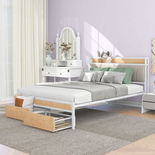 Full Size Metal Platform Bed Frame With 2 Drawers, Upholstered Headboard Sockets, USB Ports And Slat Support