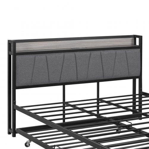 Queen Size Metal Platform Bed Frame With Twin Size Trundle, Upholstered Headboard Sockets, USB Ports And Slat Support