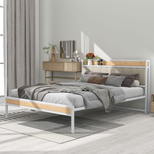 Queen Size Metal Platform Bed Frame With Upholstered Headboard Sockets, USB Ports And Slat Support