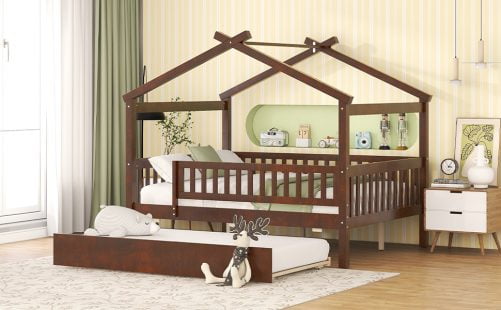 Wooden Full Size House Bed With Rails and Twin Size Trundle