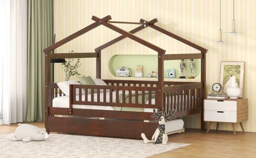 Wooden Full Size House Bed With Rails and Twin Size Trundle