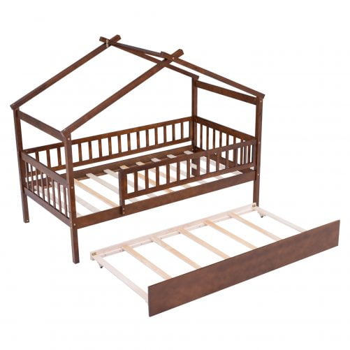 Wooden Twin Size House Bed With Rails and Twin Size Trundle