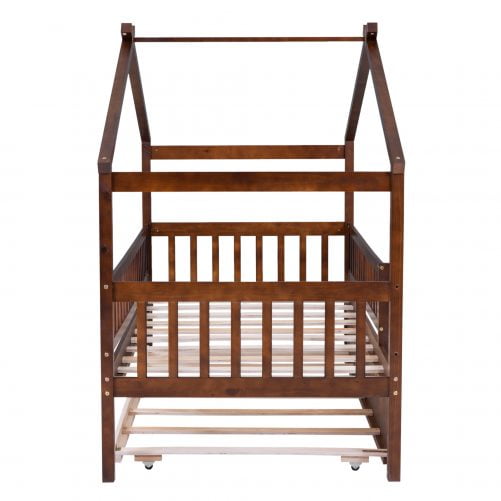 Wooden Twin Size House Bed With Rails and Twin Size Trundle